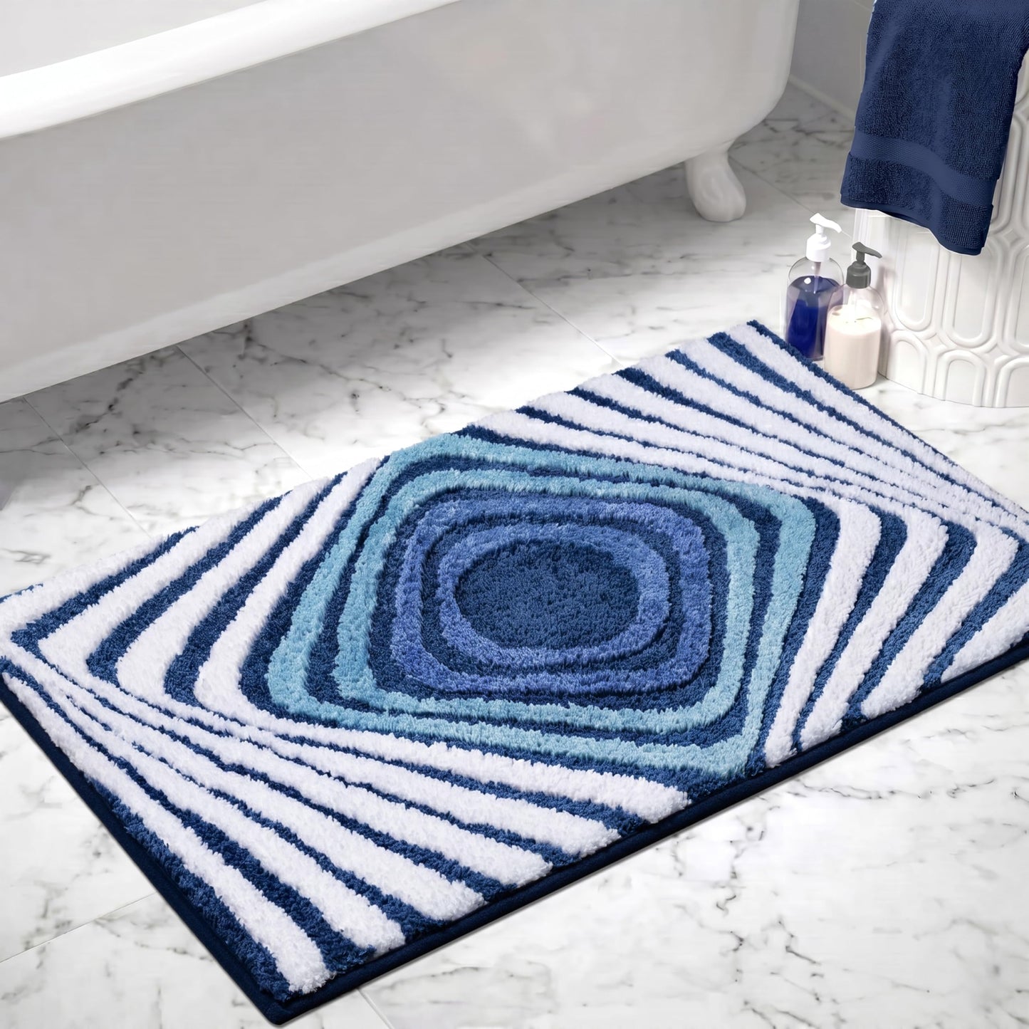Cevolyn Blue Bathroom Rug, Plush Microfiber Absorbent Funky Non Slip Bath Mat, High Pile Tufted Shower Rug with 3D Striped Pattern, Aesthetic Modern Decor, Machine Washable, 20"x32"