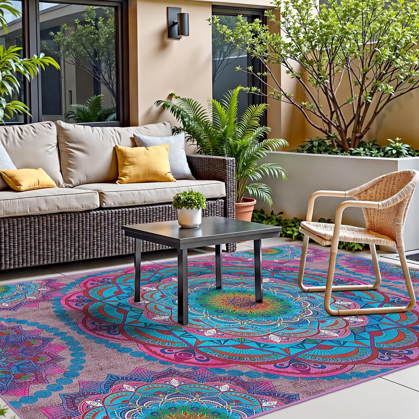 Arenarug Meditation Indoor Outdoor Rug 4x6 ft Mandala Pattern Rug Boho Style,Yoga Meditation Mat Picnic Rug for Patio Living Room Porch Garden Deck Backyard Easy to Clean Non Shedding Non-Slip