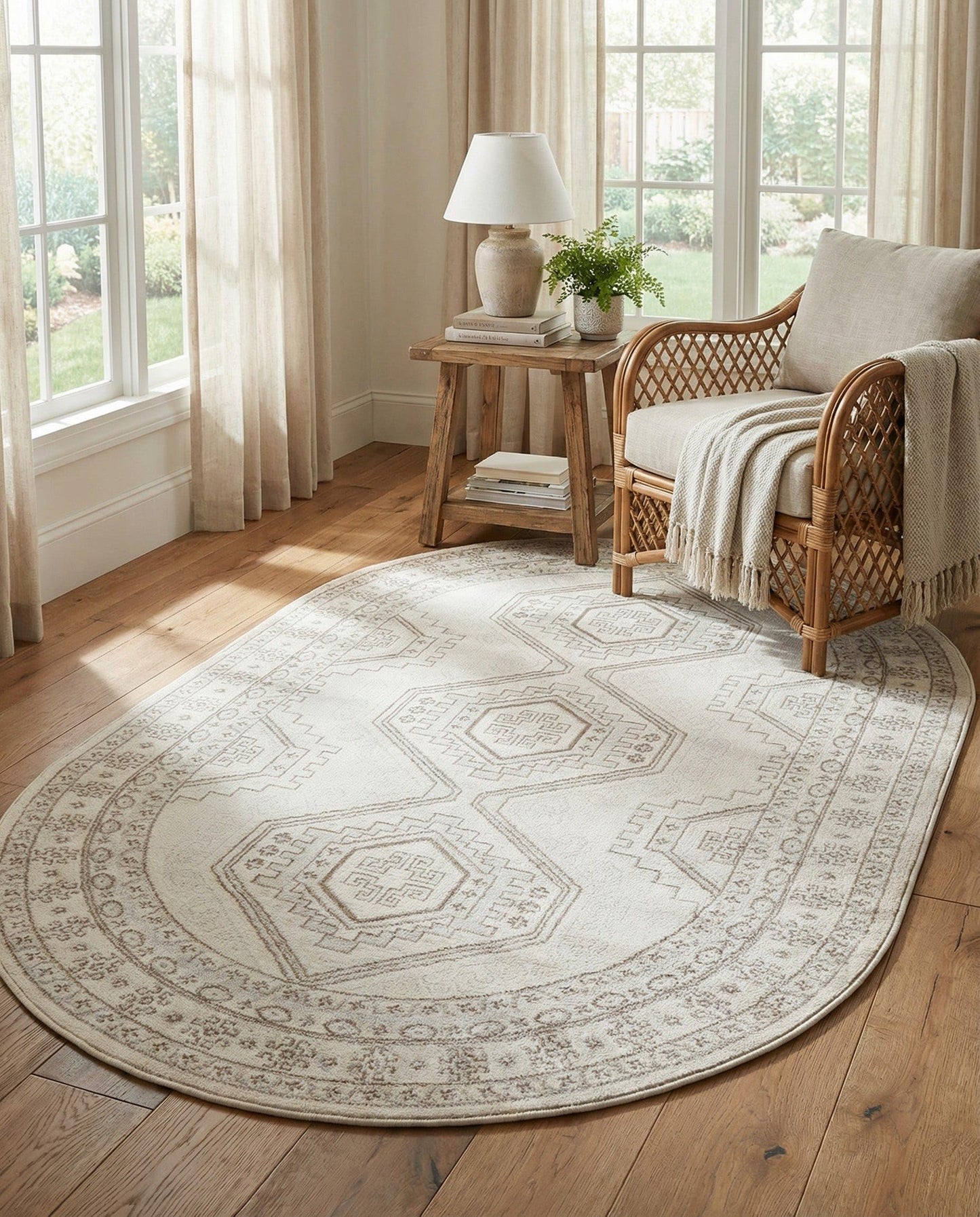Rugs.com - Charlotte Rug – 5' 3 x 8' Oval Ivory Stain-Resistant Easy-Clean Rug – Rustic Old World Geometric Design for Living Rooms, Bedrooms, and Dining Rooms
