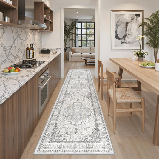 Madane Runner Rug 2x8, Washable Hallway Runner Rugs, Non-Slip Low-Pile Soft Kitchen Rug Runner Laundry Room Rug, Vintage Throw Entry Foyer Mat for Entrance Living Room (Grey, 2 x 8)