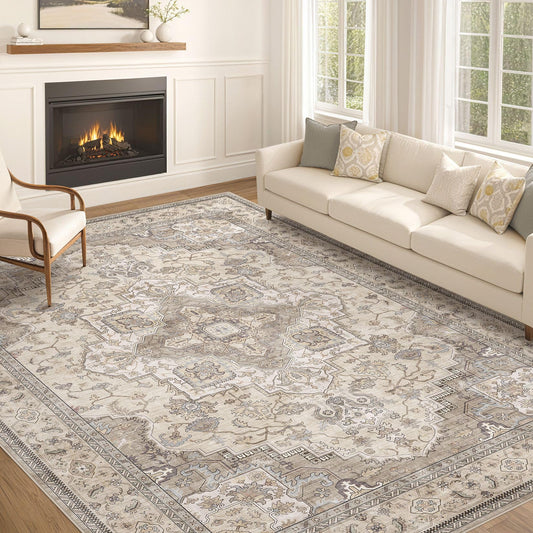 EIEIHOUSE Washable Area Rugs for Living Room - 10x14 Neutral Vintage Distressed Floral Farmhouse Boho Large Soft Floor Rug Indoor Non Slip Carpet for Bedroom Dining Room Office - Brown/Multi