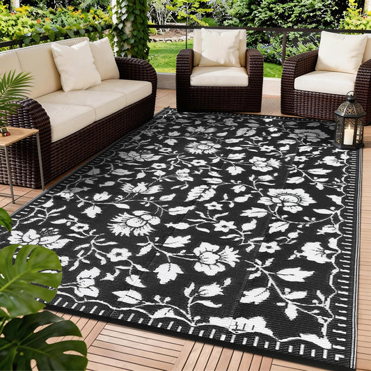 COZYLOOM Vintage Floral 5x8 Outdoor Rug Waterproof, Bordered Plastic Straw Rugs with Portable Bag, Camping Rugs for Outside Your RV, Reversible Mats for Backyard, Beach, Picnic, Balcony, Camper, Black