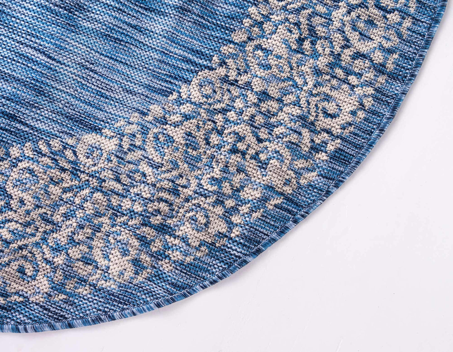 Unique Loom Outdoor Border Collection Area Rug - Floral Border (4' 1" Round, Blue/ Ivory)
