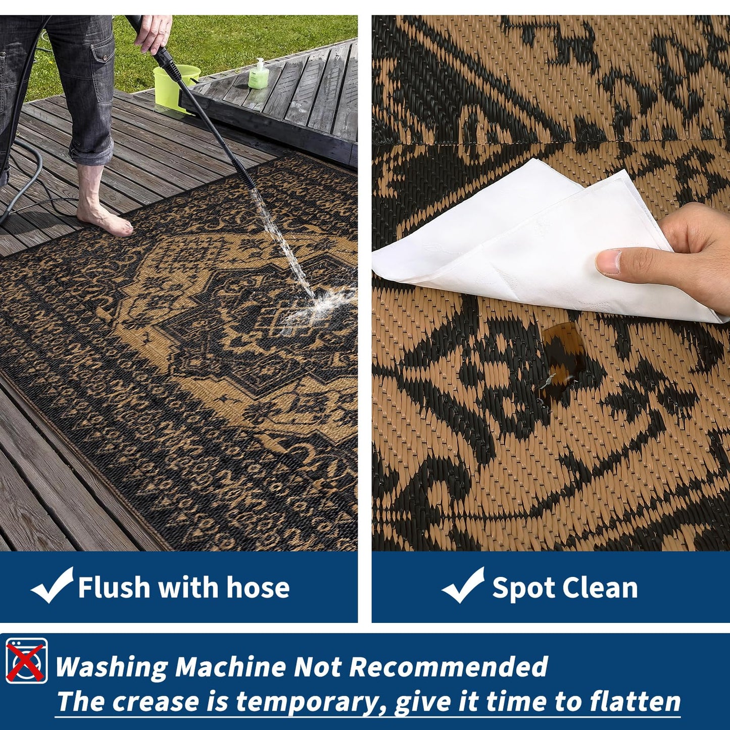 Garvee Outdoor Patio Rug 9x12 Waterproof Reversible Mat Medallion Outdoor Plastic Straw Rug with 4 Stakes and Starage Bag Portable Area Rug for Camping Porch Deck Rv Balcony Backyard Beach, Brown