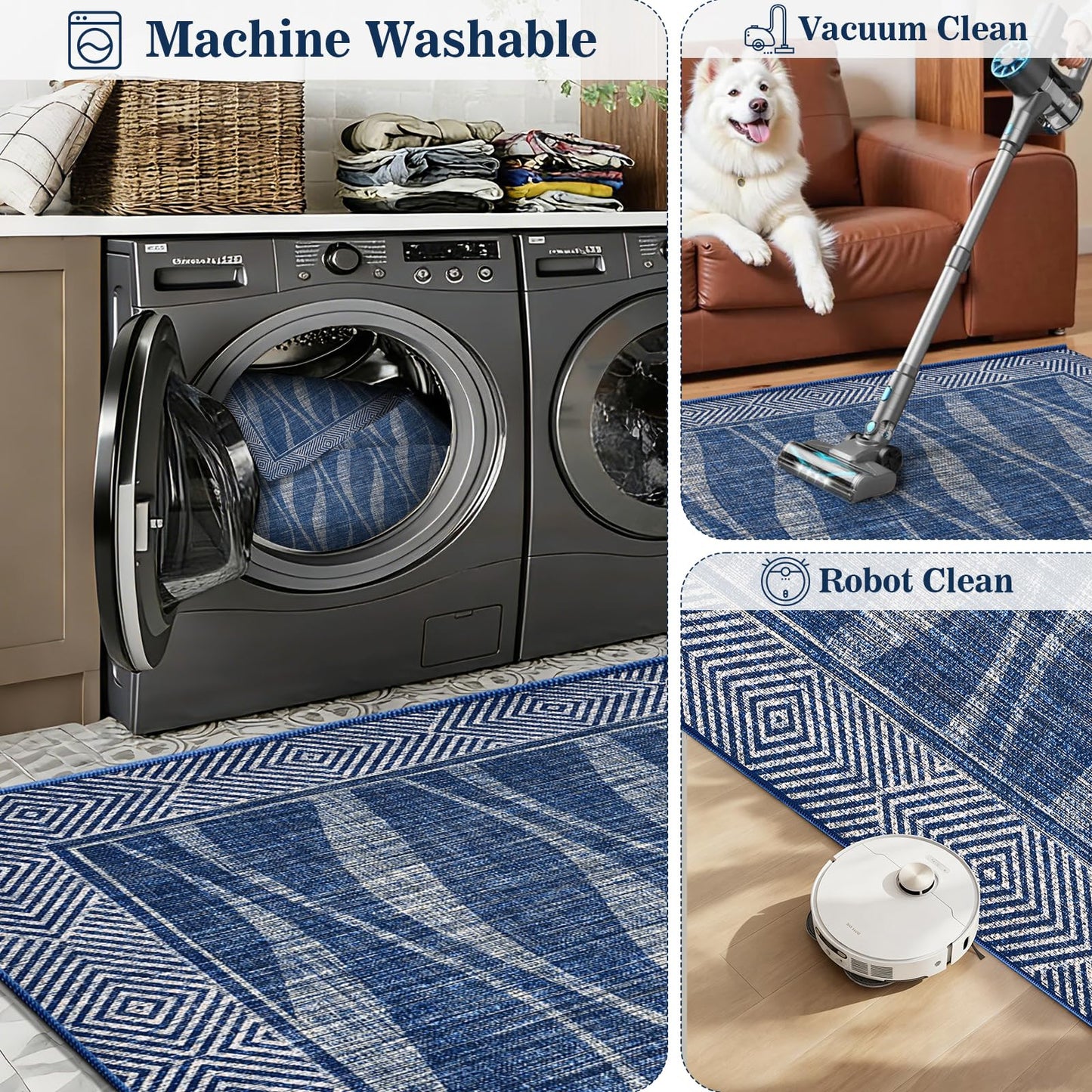 Jute Rug 3x5 Outdoor Patio Rug with Border, Washable Rugs for Entryway Porch, Farmhouse Non Slip Area Rugs with Rubber Backing, Non Shedding Carpet for Indoor Outdoor Bedroom, Courtyard, Blue