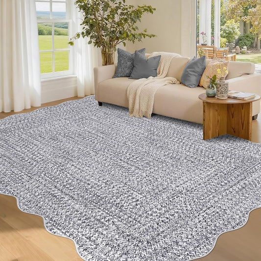 GlowSol Washable Rug 5x7 Farmhouse Scalloped Rug with Non Slip TPR Backing, Low Pile Non Shedding Rugs, Soft Solid Rugs Foldable Mat for Living Room Nursery Dining Room, Grey