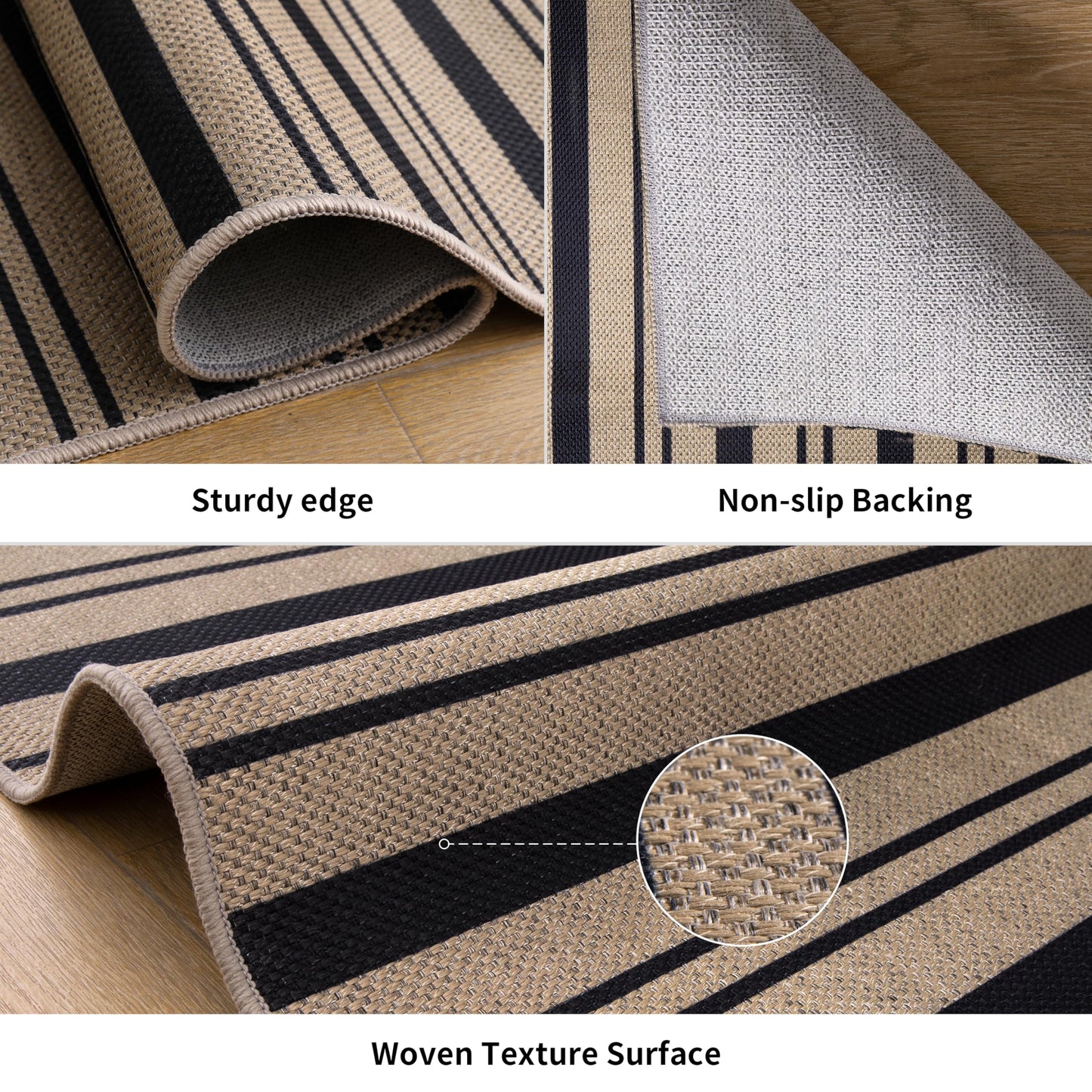 Tangsoo Stripe Easy Jute Rug,Ultra Thin 3x5 Washable Area Rug for Bedroom,Non-Slip Black Indoor Outdoor Rug Modern Farmhouse Low Pile Carpet for Patio Backyard Entryway