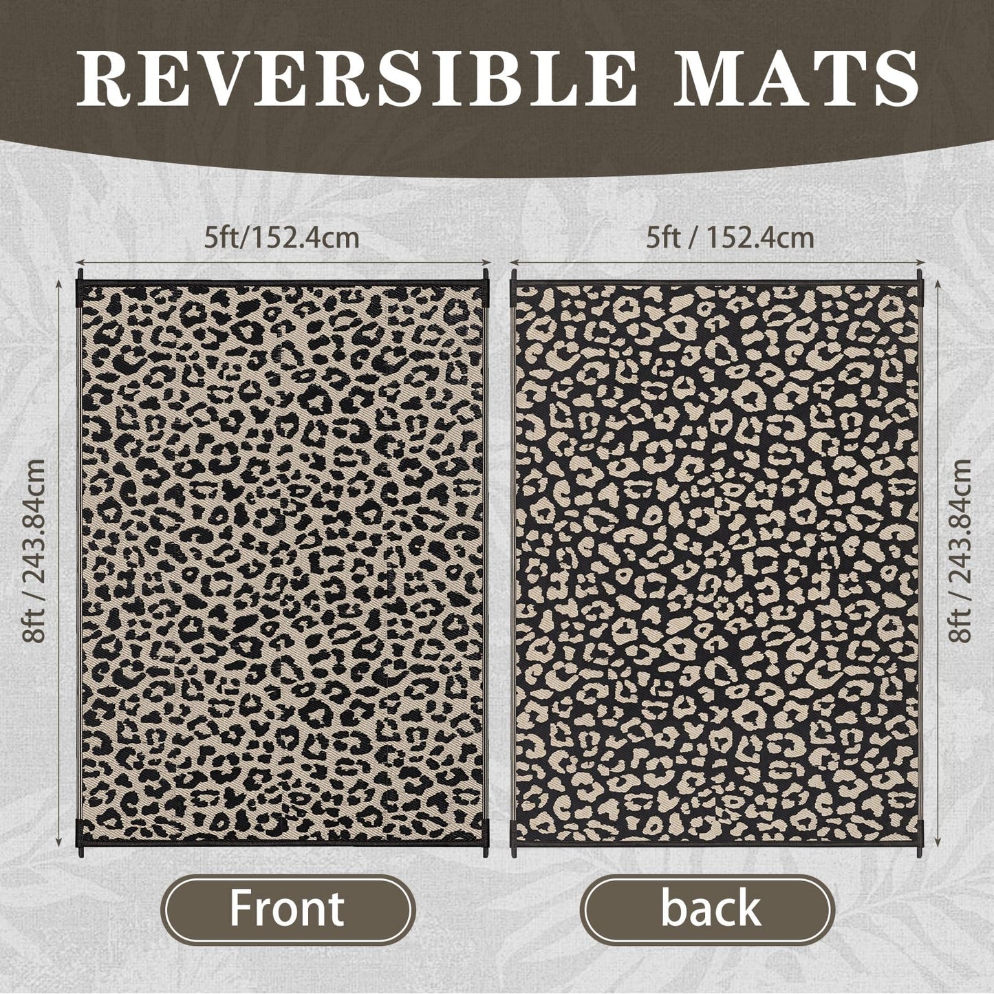 Klyyo Clyro Leopard Print Outdoor Rug 5 x 8 ft, Brown Black Plastic Straw Woven Camping Mat, Reversible Foldable RV Patio Rug for Deck, Porch, Backyard, Picnic