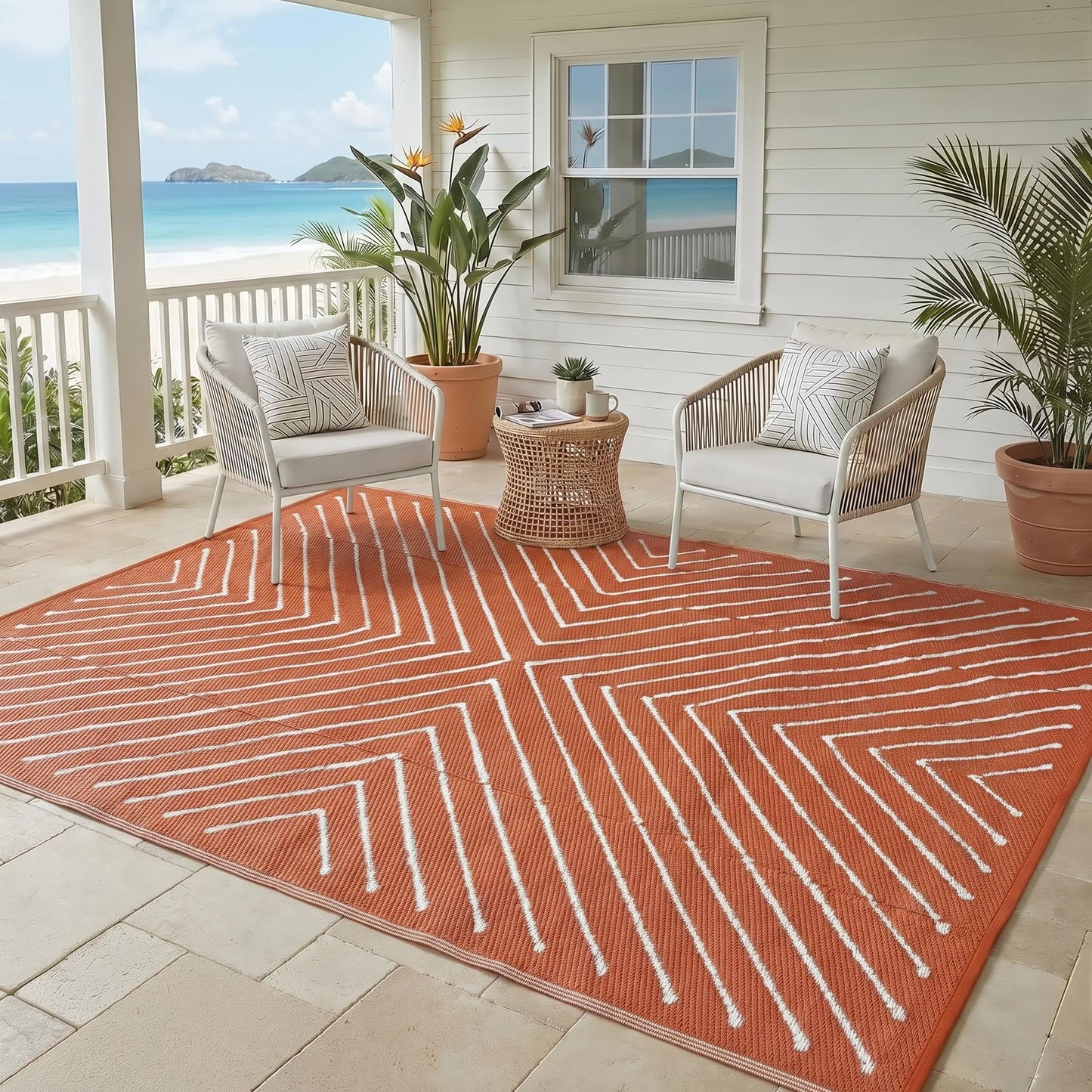 Garvee 5x8 Striped Outdoor Waterproof Rug - Reversible Modern Striped Plastic Straw Patio Mat, Portable RV Camping Rug for Picnic, Beach, Balcony, Deck - UV Protected & Easy to Clean, Orange&White.