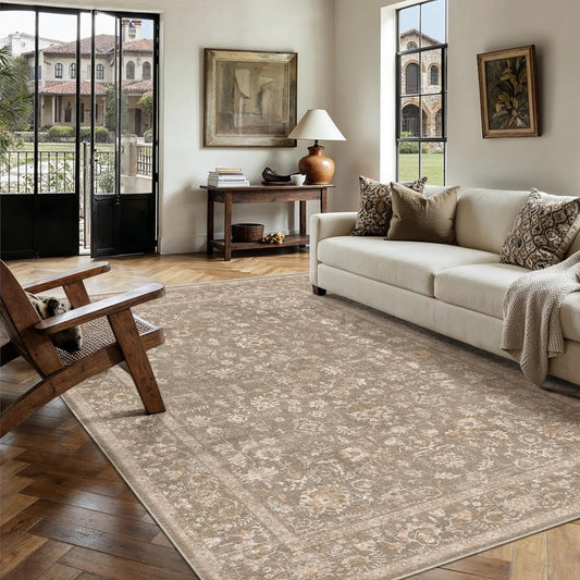PureCozy 5x7 Deep Brown Area Rug Non Slip Vintage Living Room Distressed Machine Washable Carpet Traditional Indoor Bedroom Deep Brown Retro Floral Accent Throw Rug for Office Kitchen Dorm Dining Room