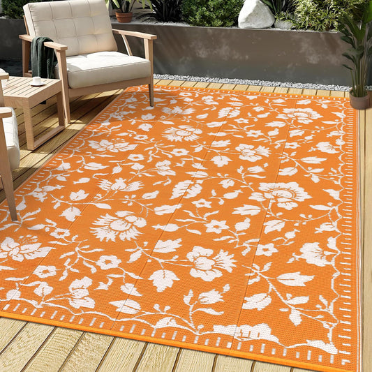 Garvee 5x8 RV Outdoor Rug Waterproof, Floral Outdoor Plastic Straw Rug with Portable Bag, Vintage Foldable Reversible Outside Rugs for Picnic Backyard Deck Balcony Porch Beach Camper, Orange