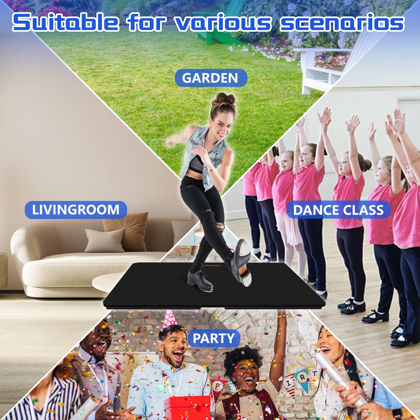 koretech Tap Dance Floor, Portable Dance Floor, Professional Tap Board for Tap Dancing, Cushioned Base Dance Practice Floor, 48'' x 28'', Black
