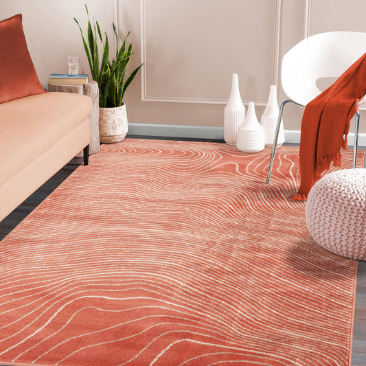 Superior Indoor Area Rug, Plush Carpet Cover, High-Traffic Rugs, Jute Backing, Hallways, Entry, Office, Living Room, Kitchen, Modern Abstract Wood Grain, Veer Collection, 5' x 8', Coral