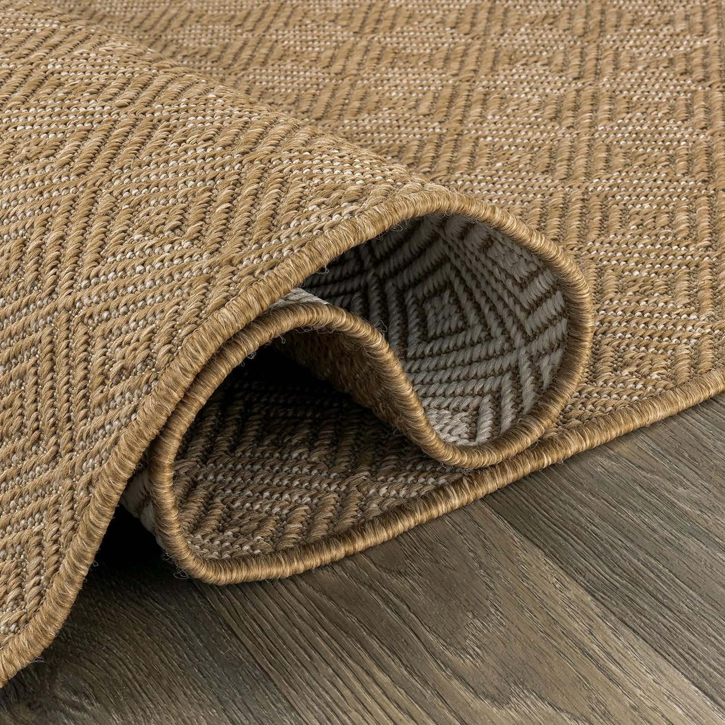 Rugshop Natural Easy Jute Reversible Indoor Outdoor Runner Rug – Cube Geometric Pattern, Weather-Resistant Low-Pile Flatweave Carpet for Patio, Deck, Porch & Entryway 2' x 7' Natural
