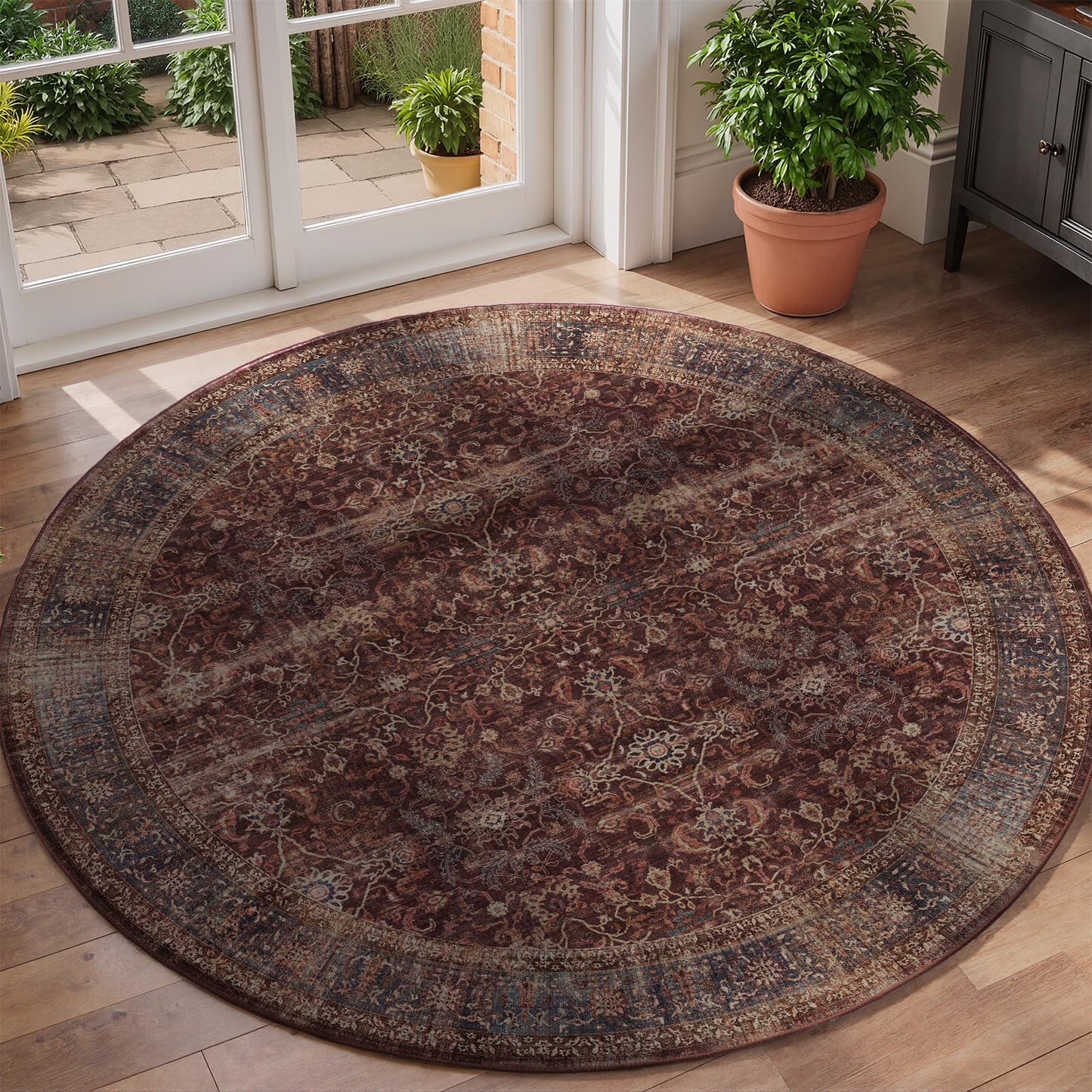 Jainmy Brick Red 5ft Round Washable Rug, Moody Vintage Farmhouse Rustic 5 Feet Circle Rug for Living Room, Low Pile Thin Non Slip 5x5 Round Circular Carpet for Dining Room/Bedroom/Entryway/Foyer