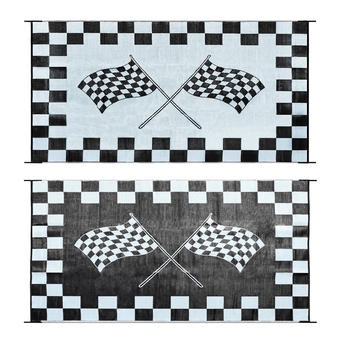 EEZ RV Products 9'x12'cf Heavy Duty Reversible/Durable Outdoor RVing/Boondocking Mats (9ft x12ft Black & White Checker Flag) Come with Large Storage Bag & 6 Sets of Stakes and Washer