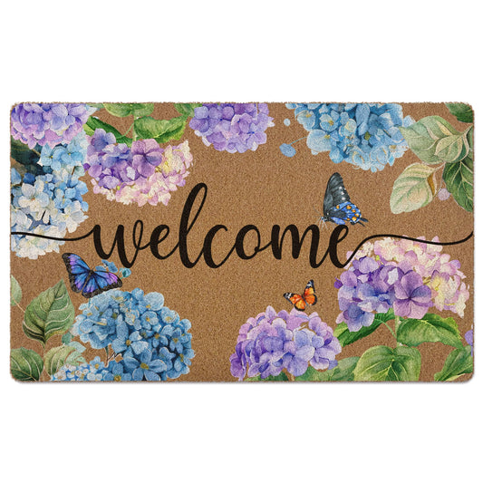XLDLIOO Hydrangea Floral Door Mat Doormat, Cottagecore Butterfly Flower Welcome Front Door Mat Indoor Outdoor Entrance, Rustic Artificial Coir Doormats Rugs for Porch Patio Entryway Home Decor 30x17in