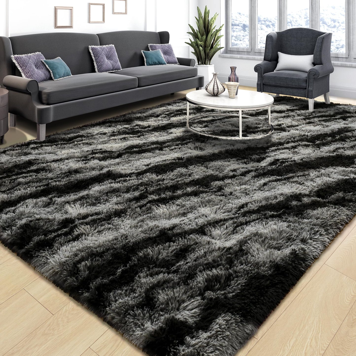 Tepook Soft Fluffy Rugs for Bedroom, 4x6 Area Rug for Living Room, Modern Shaggy Room Rug for Kids Boys Girls, Plush Throw Rugs Indoor Nursery Home Decor Rug with Non-Slip Bottom, Black Grey