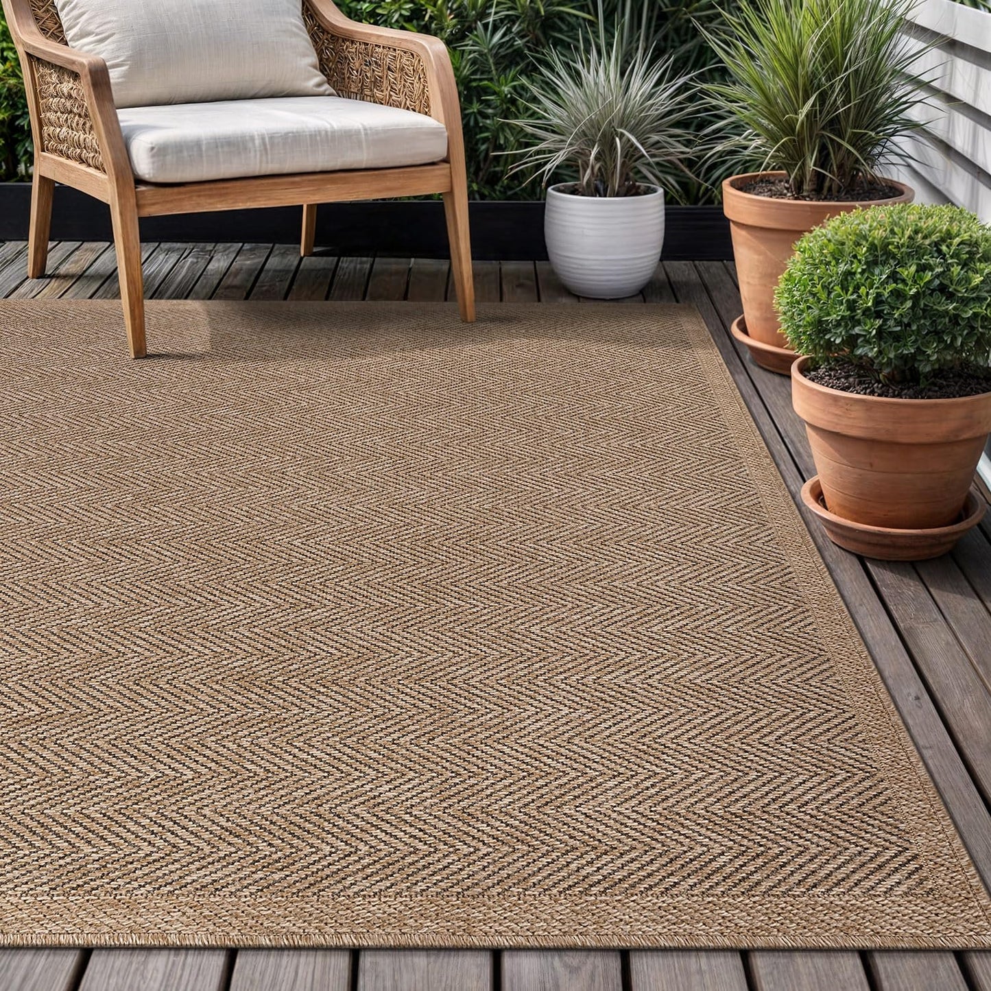 CAMILSON Easy Jute Rug 4x6, Indoor Outdoor Natural Color Fiber Area Rugs for Living Room Patio and Kitchen Rug Herringbone Seagrass Woven Design Easy - Cleaning Washable Outside Carpet Alfombras 4 x 6