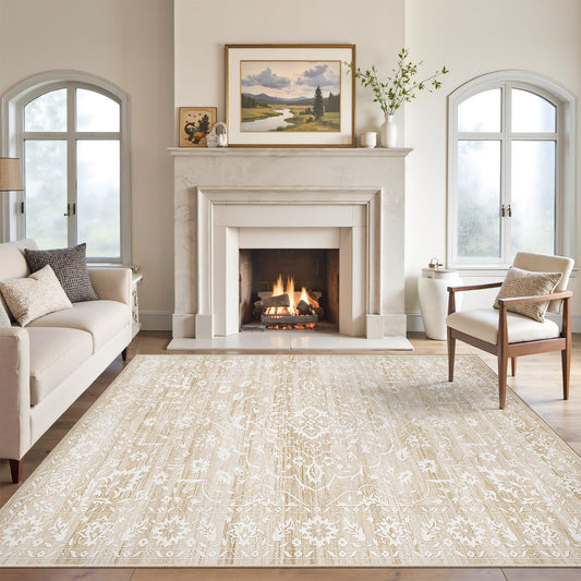Soalmost 5x7 Area Rugs for Living Room, Washable Vintage Floral Non-Slip Low Pile Neutral Rug Soft Throw Carpet for Dining Room Bedroom Home Office Nursery (Beige, 5'x7')