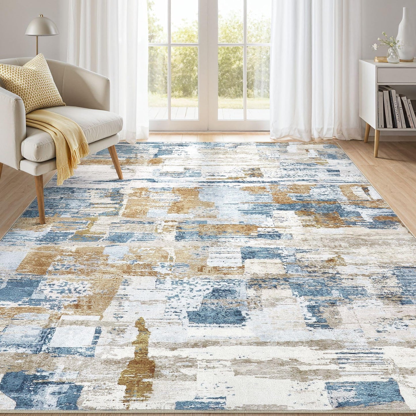kakania 6x9 Washable Area Rug - Abstract Soft Non-Slip Modern Low-Pile Carpet for Living Room Bedroom Office Dorm, Kid Pet Safe Robot Vacuum Friendly - Blue
