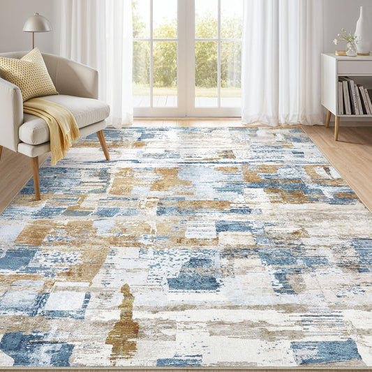 kakania 6x9 Washable Area Rug - Abstract Soft Non-Slip Modern Low-Pile Carpet for Living Room Bedroom Office Dorm, Kid Pet Safe Robot Vacuum Friendly - Blue