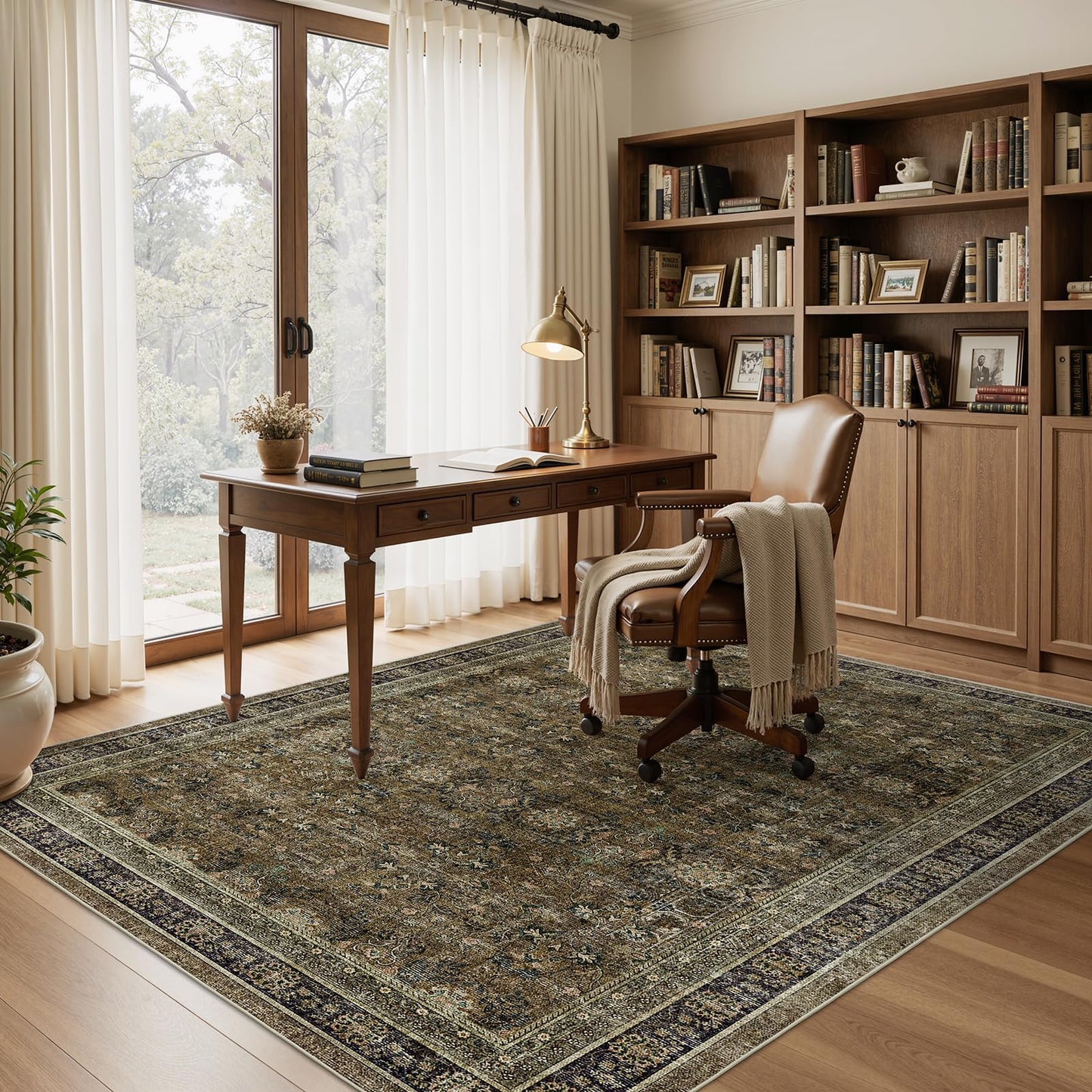 WITSHOCK 7x9 Area Rugs for Living Room: Boho Modern Dark Vintage Traditional Distressed, Washable Low Pile Non-Slip Carpet for Dining Room Bedroom Nursery Kids Playroom, Brown Olive Green