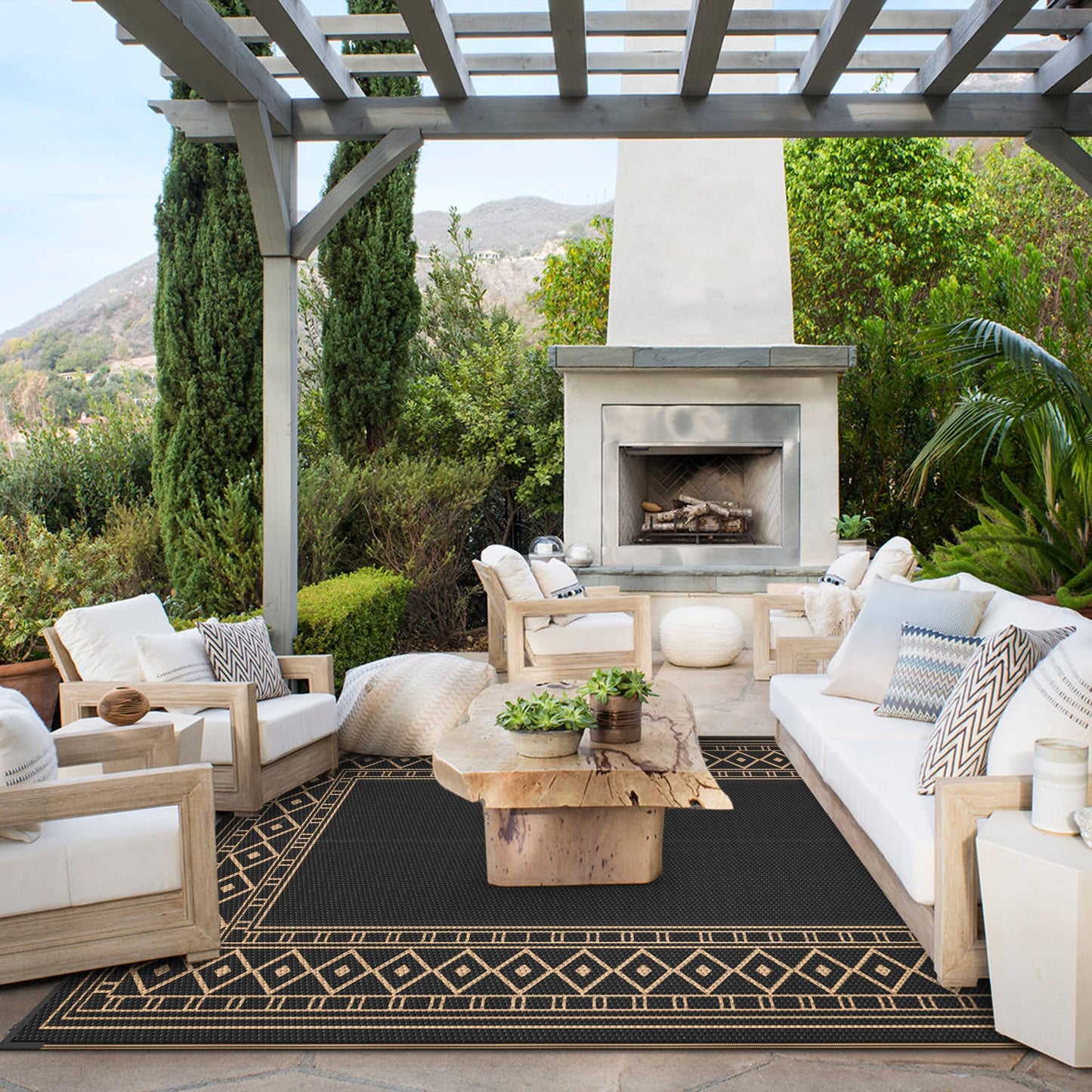 GENIMO Outdoor Rug Waterproof 6'x9' for Patio, Foldable Reversible Plastic Straw Carpet for Travel Trailers, Outside Area Mat for Rv, Deck, Picnic, Porch, Camper, Balcony, Beach, Black & Brown