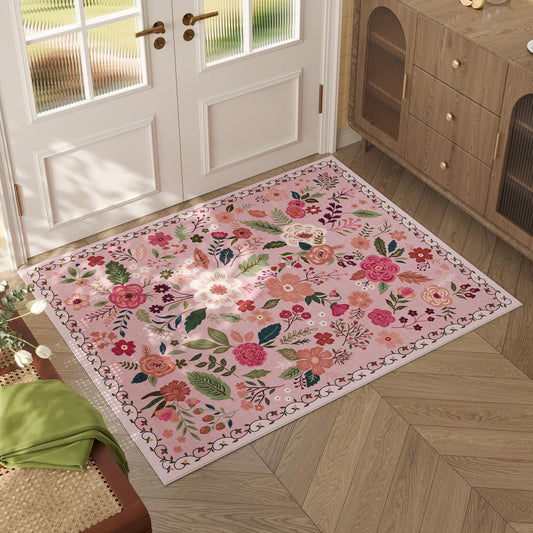 Rugcomf Door Mat Indoor Entrance 2x3 Rug Machine Washable Boho Floral Small Area Rug Non-Slip Low Pile Throw Rugs for Entryway, Kitchen, Front Door Indoor Entrance, Entry, Kids Room (Pink)