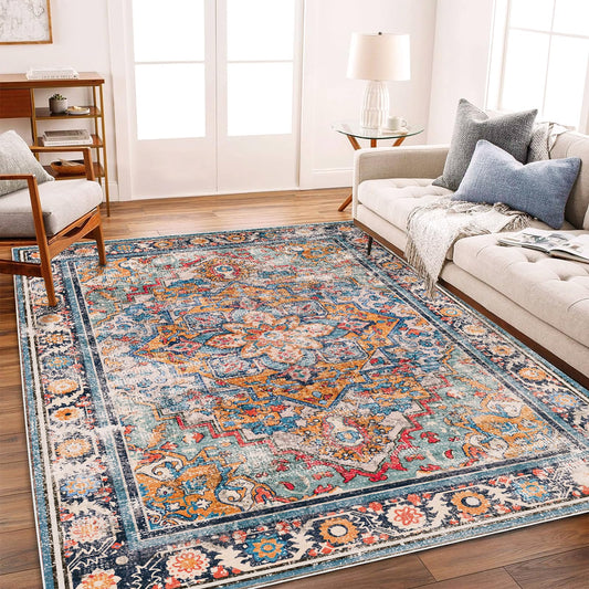 CHAMPLANT Washable Area Rug 8'x10' Boho Chic Medallion Distressed Design Non-Shedding Easy Care Ideal for High Traffic Areas in Living Room Bedroom Office Coffee Table Large Carpet