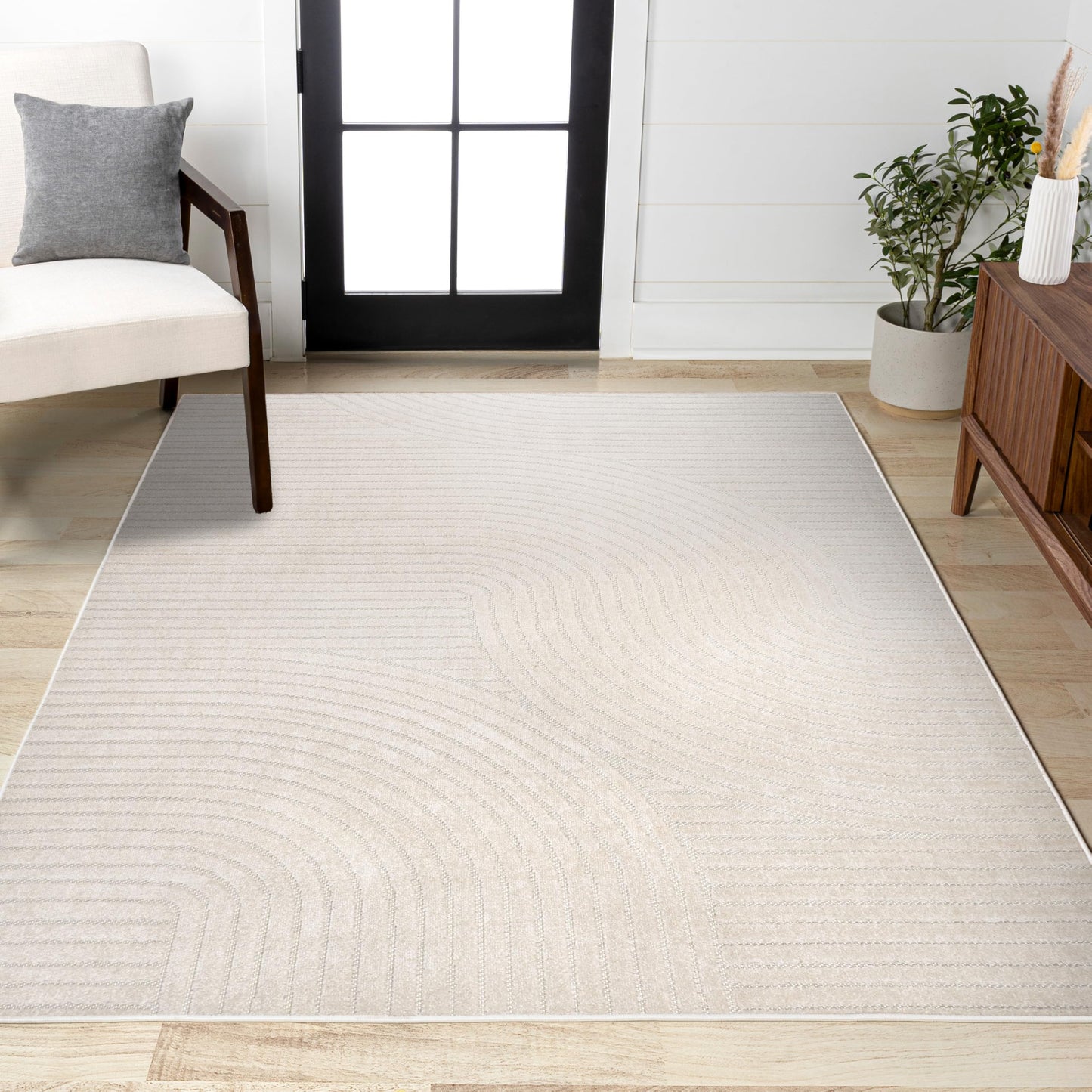 JONATHAN Y Hallie High-Low Curve Ivory/Cream Indoor/Outdoor Area Rug, 9x12, Minimalist, Pet Friendly, Non-Shedding, Stain Resistant, Hose-Washable for Backyard, Patio, Porch (SCN100B-9)