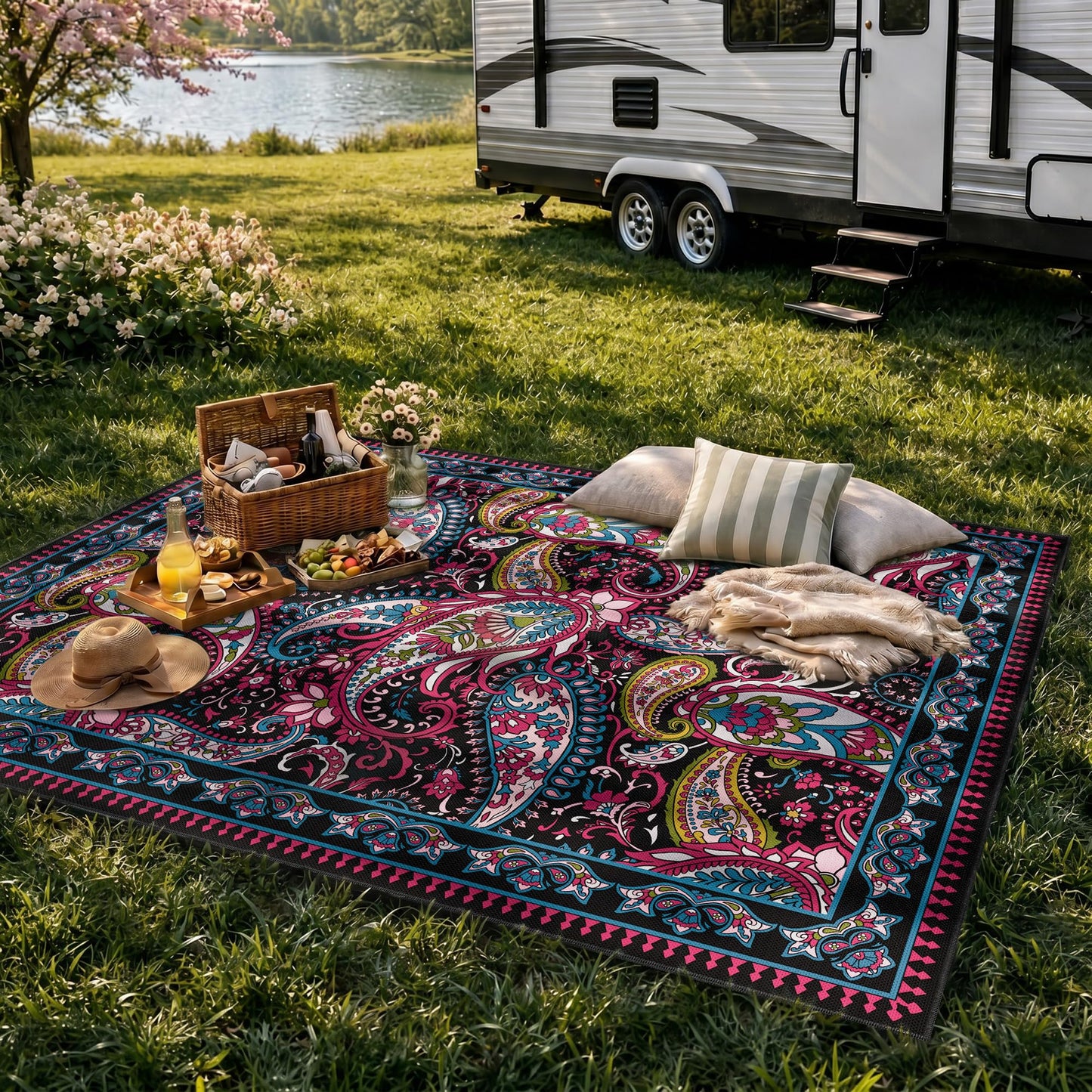 Arenarug Paisley Outdoor Rug Waterproof 4x6, UV Resistant Non Slip Patio Rug, Indoor Outdoor Boho Camping Rug Linen-Look RV Carpet for Deck Balcony Backyard, Magenta‌