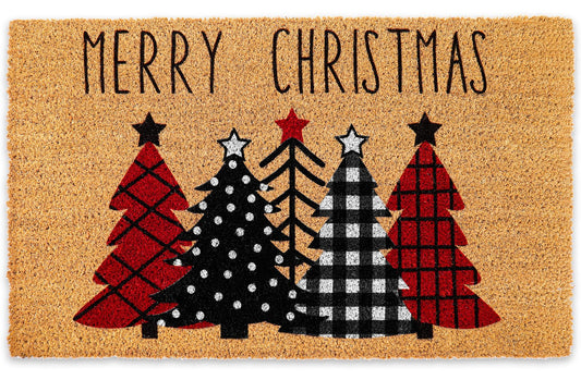 Whaline Christmas Natural Coir Doormat Red Black Dot Plaid Xmas Tree Welcome Floor Mat Non-Slip Entrance Door Rug for Indoor Outdoor Home Bathroom Decor, 16.5 x 29 Inch