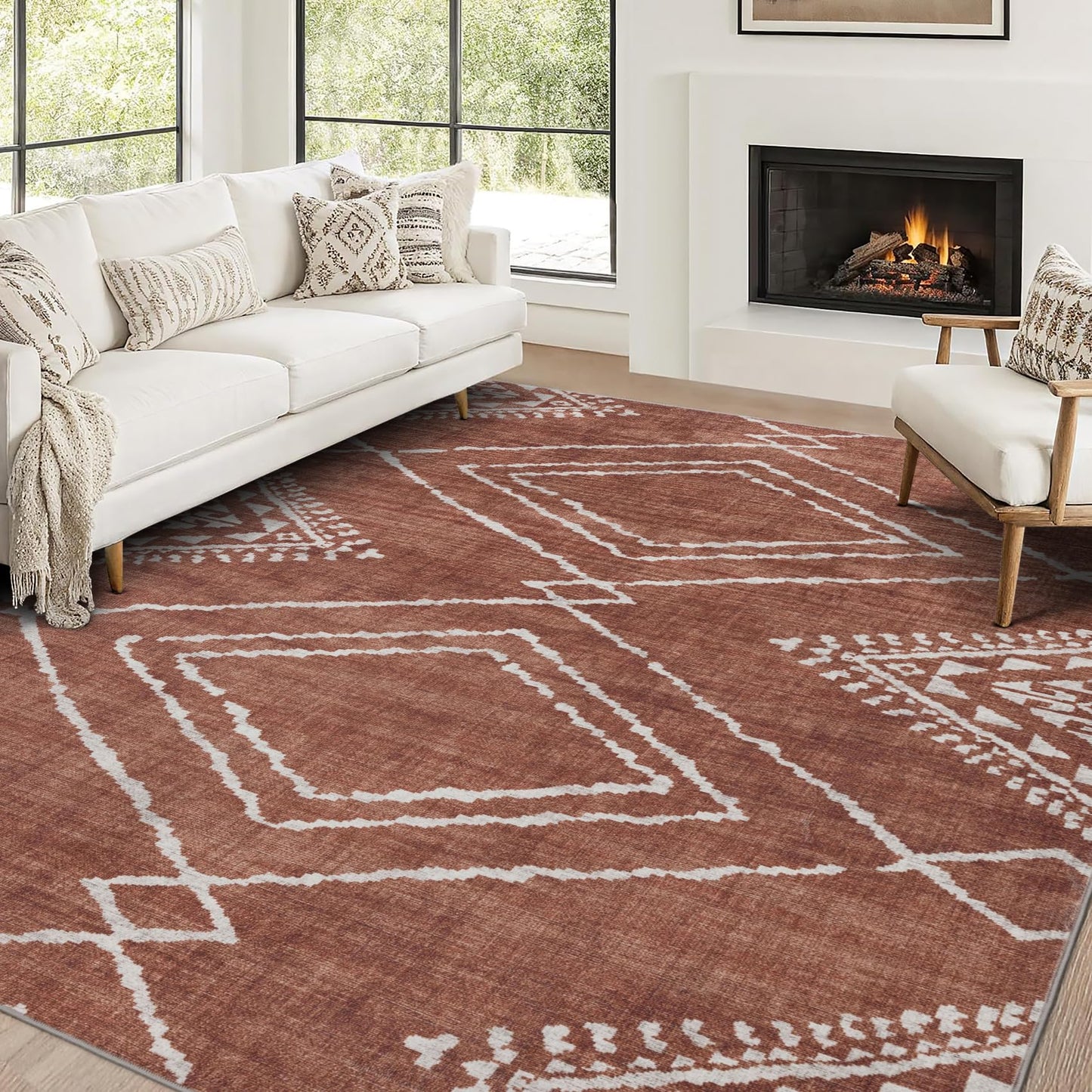 ReaLife Rugs Machine Washable Area Rug - Living Room Bedroom Bathroom Kitchen Entryway Office - Padded Low Pile Stain Resistant Premium - Moroccan Diamond Tribal - Jax - Orange 7'6" x 9'6"