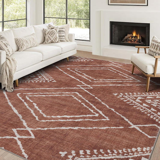 ReaLife Rugs Machine Washable Area Rug - Living Room Bedroom Bathroom Kitchen Entryway Office - Padded Low Pile Stain Resistant Premium - Moroccan Diamond Tribal - Jax - Orange 7'6" x 9'6"