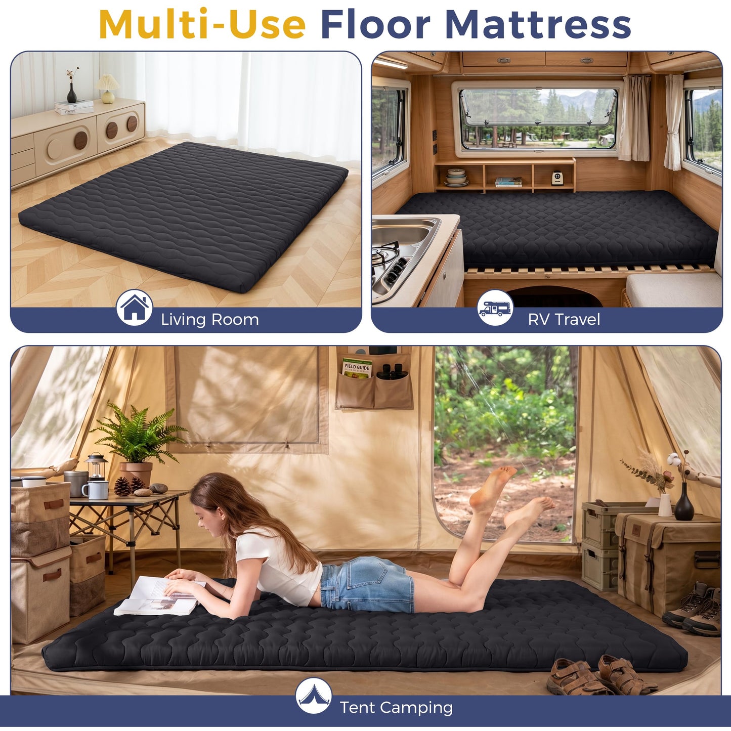 MAXYOYO Japanese Floor Futon Mattress Twin Size, 3" Thicken Tatami Sleeping Pad Foldable Roll Up Mattress, Portable Floor Mattress Pad for Adults, Guest Room, Camping, Black