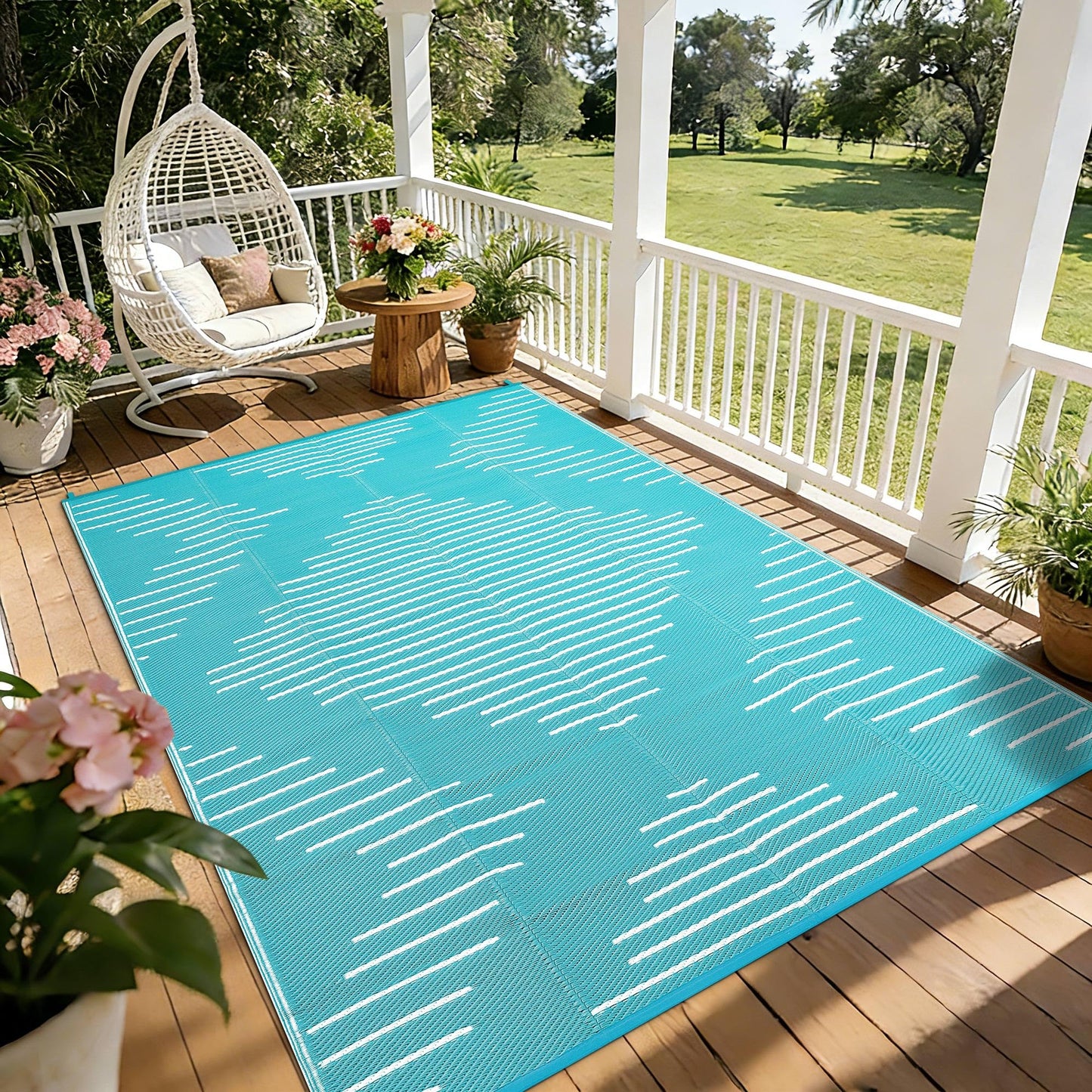 Garvee Waterproof Outdoor Rug 5x8 Rug Plastic Reversible Area Rugs Indoor Outdoor Carpet for Patio RV Porch Balcony Backyard Picnic Light Blue White
