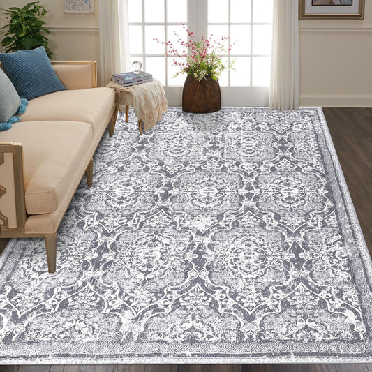 Vaukki Living Room Rug, Vintage Shaggy Soft Laundry Rug, Non Slip Kitchen Area Mat, Washable Farmhouse Bedroom Area Carpet for Bathroom, Kitchen and Kidsroom(4'x6', Grey)