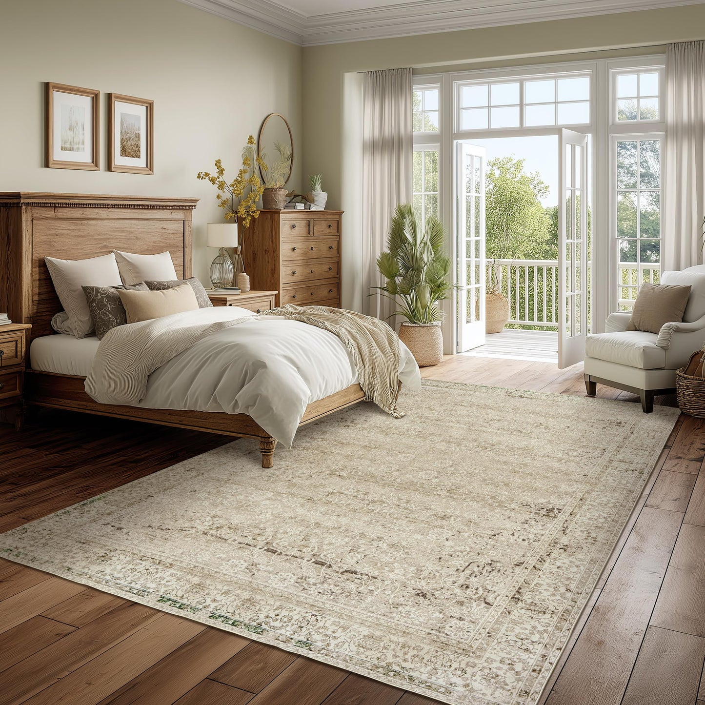 BILEEHOME Modern Farmhouse Area Rug 5 x7 Washable Floral Earth Tone Neutral Boho Nursery Rug 5x7 for Baby Boy Bedroom,Tan Brown and Cream Beige