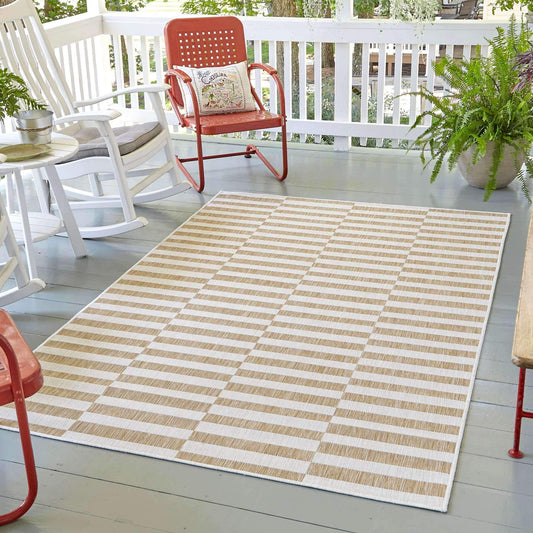 Unique Loom Outdoor Collection Classic Stripes, Transitional Indoor & Outdoor Area Rug 8' 0" x 11' 0", Light Brown/ Ivory