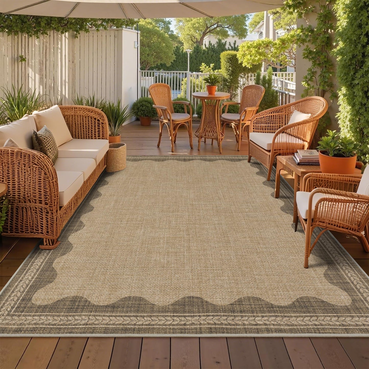 Easy Jute Rug 8x10 Outdoor Rug Scalloped Washable Rugs for Living Room Bedroom Non Slip Neutral Farmhouse Indoor Outdoor Carpet for Backyard Patio Office