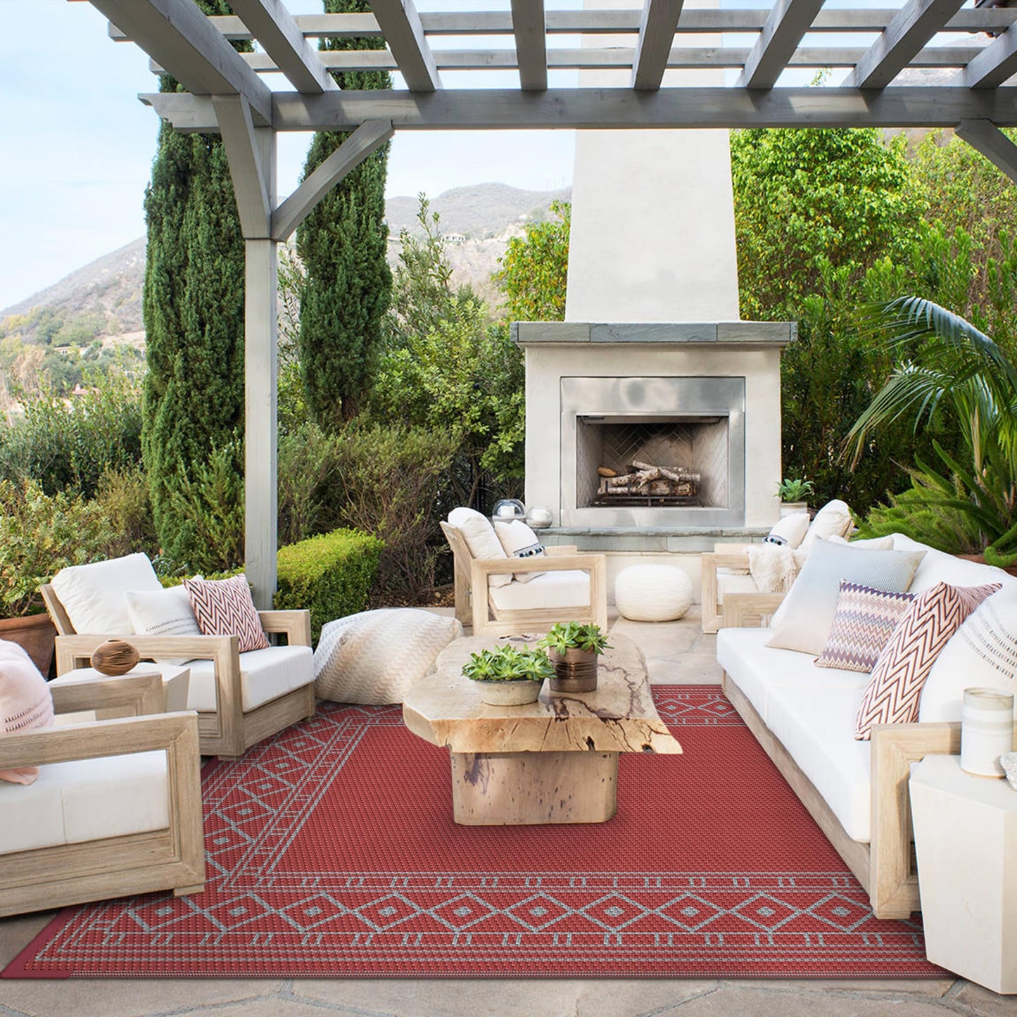 GENIMO Outdoor Rug Waterproof 6'x9' for Patio, Foldable Reversible Plastic Straw Carpet for Travel Trailers, Outside Area Mat for Rv, Deck, Picnic, Porch, Balcony, Beach, Red & Grey