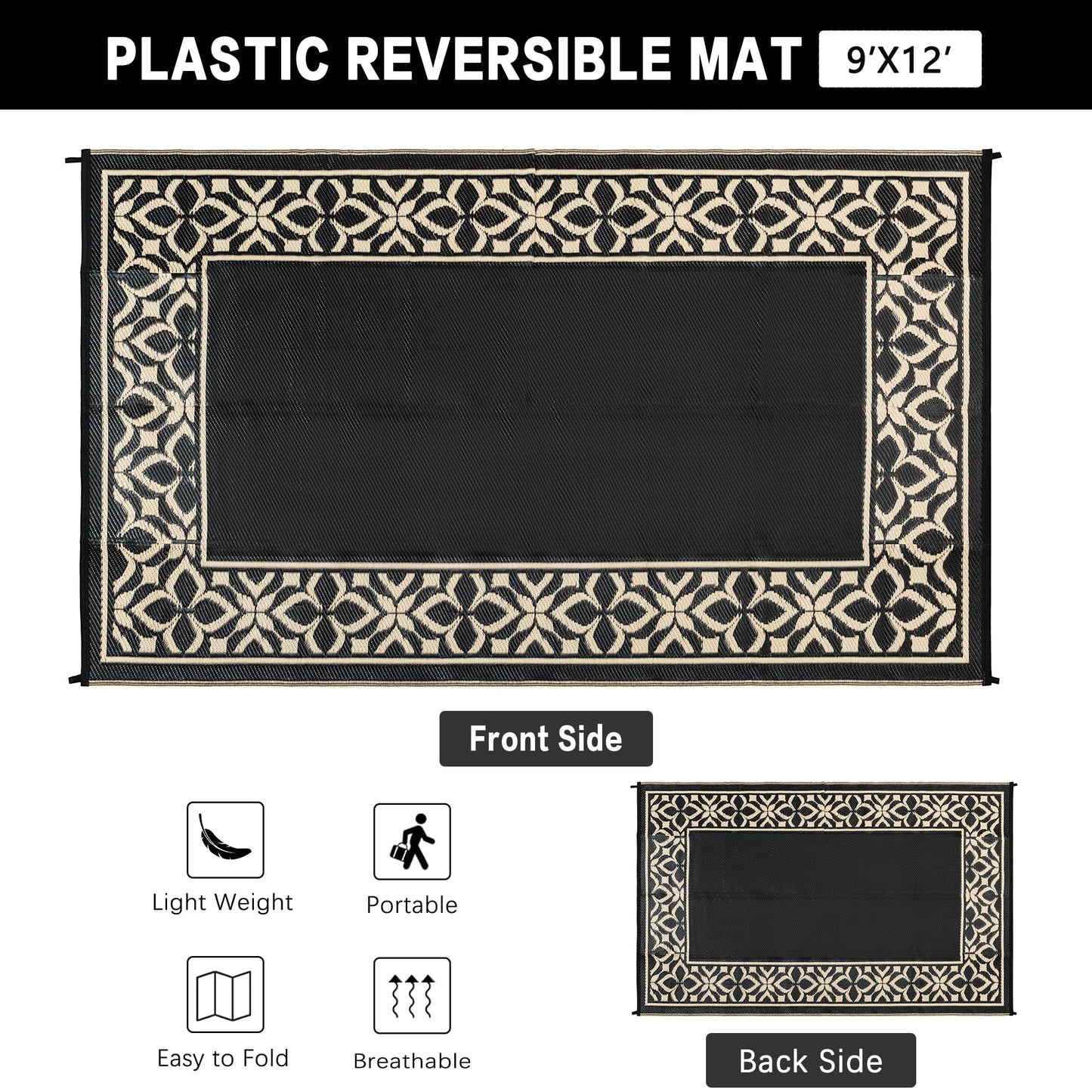 PureCozy Outdoor Plastic Straw Rug Black Beige Large Outside Waterproof Outdoor Patio 9x12 Carpet Geometric Reversible Mat Modern for Camping RV Porch Deck Balcony Beach
