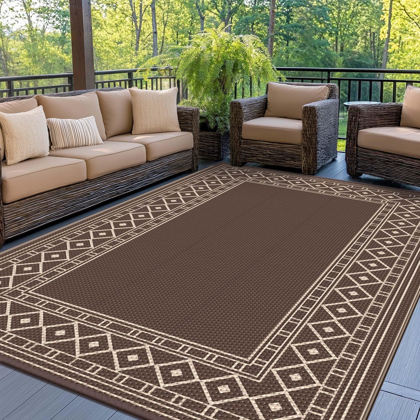 GENIMO Outdoor Rug Waterproof for Patio, 8'x10' Foldable Reversible Plastic Straw Carpet for Travel Trailers, Outside Area Mat for Rv, Deck, Picnic, Porch, Camper, Balcony, Beach, Coffee & Beige