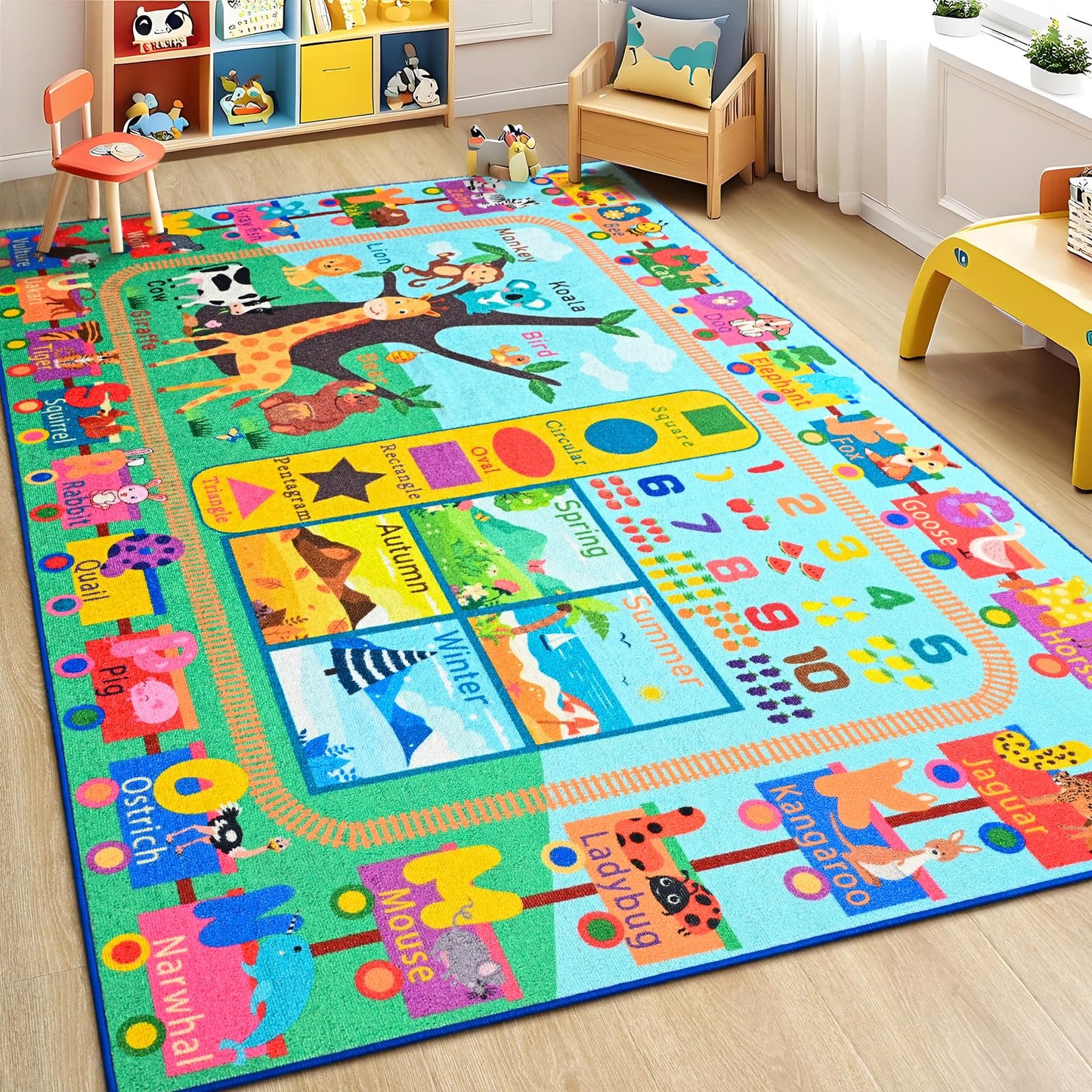 Zedrew Kids Rug for Playroom, 3x5 ABC Educational Carpet for Classroom, Fun Alphabet Area Rugs for Learn Numbers Season Animal Weather and Shapes Playmat for Girls Boys Room Nursery Decor
