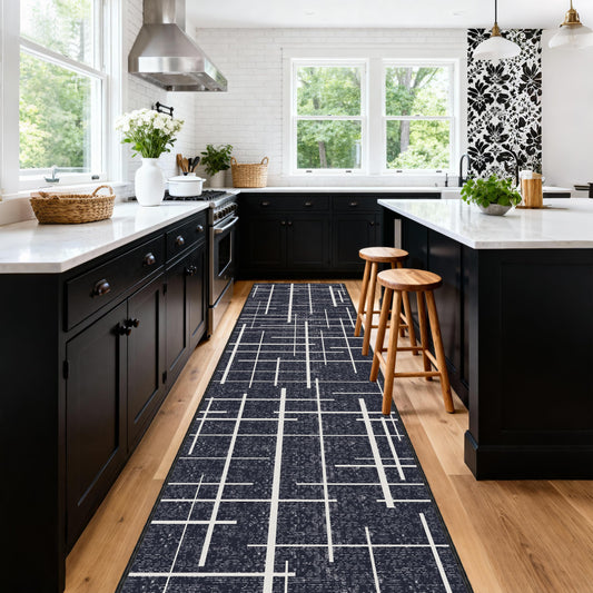 TTelephant Non Slip Hallway Runner Rug 2.6x12, Modern Distressed Stripe, Washable Extra Long Rug, Woven Thin Low Pile Carpet Runners for Hallway 12ft Entryway, Kitchen, Walkway- Midnight Black