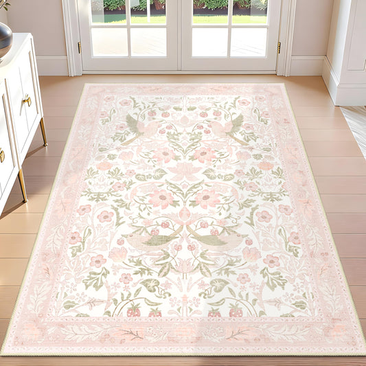 Castage Pink Rug 3'x5',Washable Area Rugs for Bedroom Living Room Entryway Bedside,Botanical Small Boho Farmhouse Bohemian Distressed Oriental Non Slip Carpet,Blush Floral Bird
