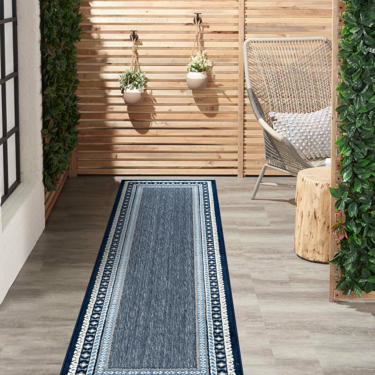 Rugshop Indoor/Outdoor High-Low Textured Runner Rug, Coastal Border, Easy-Clean Patio Rug for Porch Deck Balcony 2' x 7' Navy