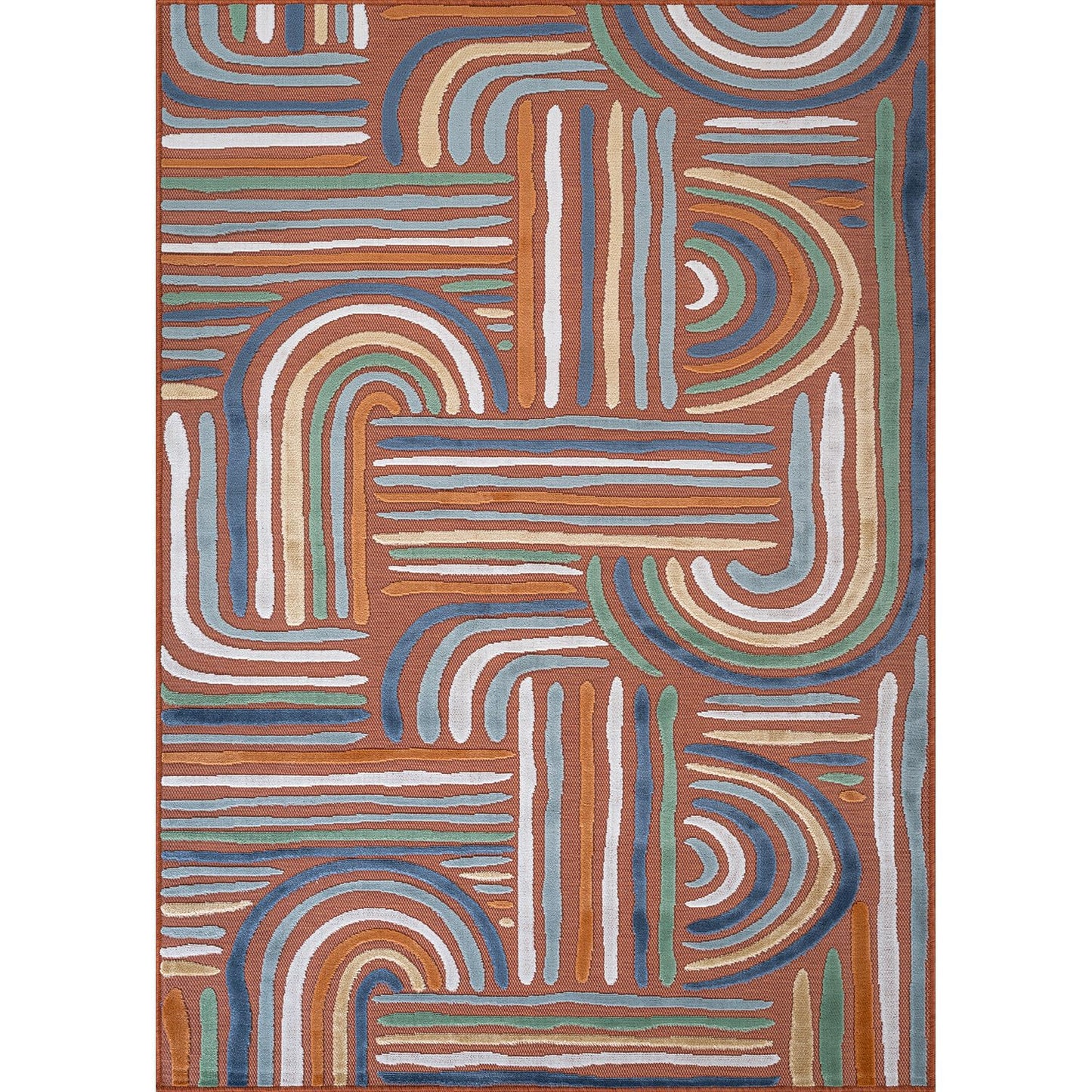 CAMILSON Indoor Outdoor Rug, Orange 5x7 Geometric Arch Striped Area Rugs for Patio and Home Areas, Easy-Cleaning Non-Shedding Living Room, Garden and Deck Washable Outside Carpet (5 x 7)