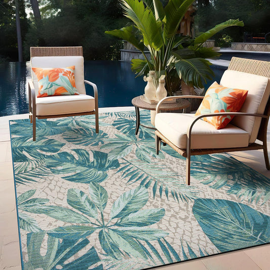 Rugshop Blue Contemporary Tropical Floral Indoor/Outdoor Area Rug — Weather Resistant for Living Room, Dining Room and Bedroom, 5'3" x 7'